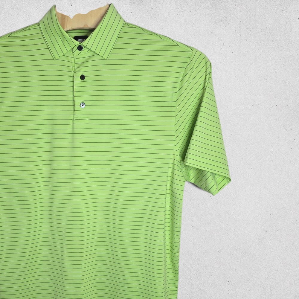 FootJoy Mens Golf Polo Shirt Large Lime Green Black Striped Short Sleeve FJ Logo